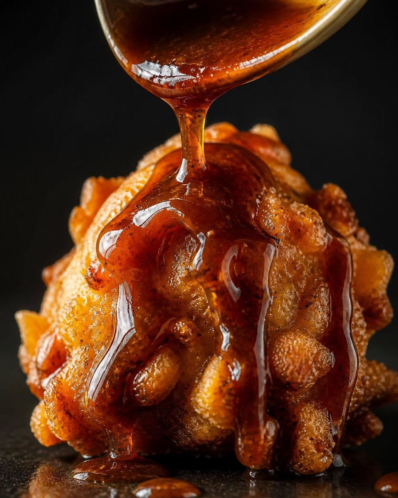 Tamarind glaze poured over a conch fritter