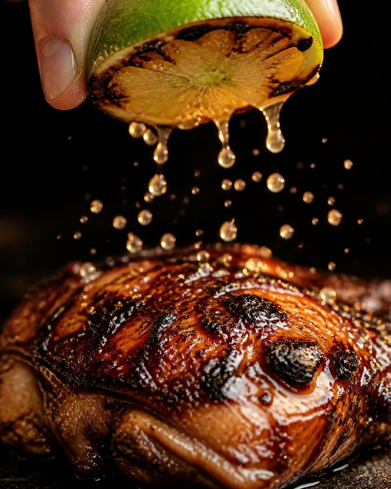 Charred lime squeezed over jerk chicken