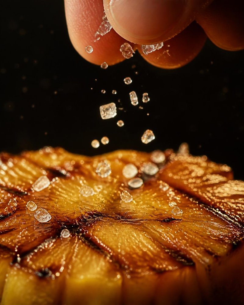 Flaky salt falling onto grilled pineapple