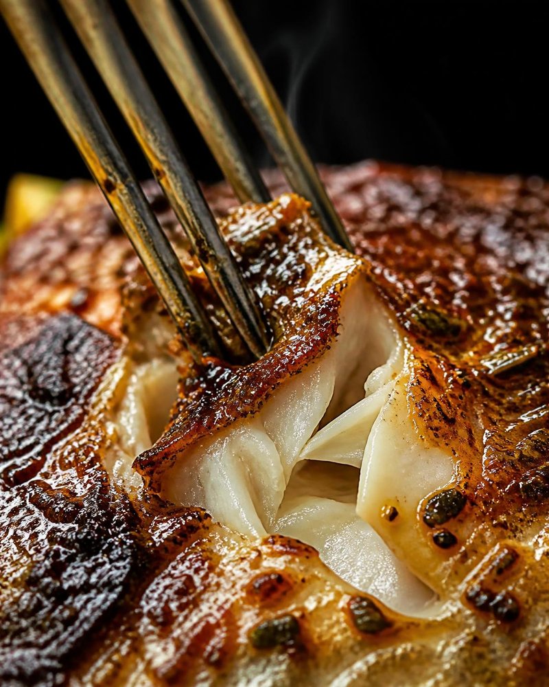 Fork cracking through crisp snapper skin