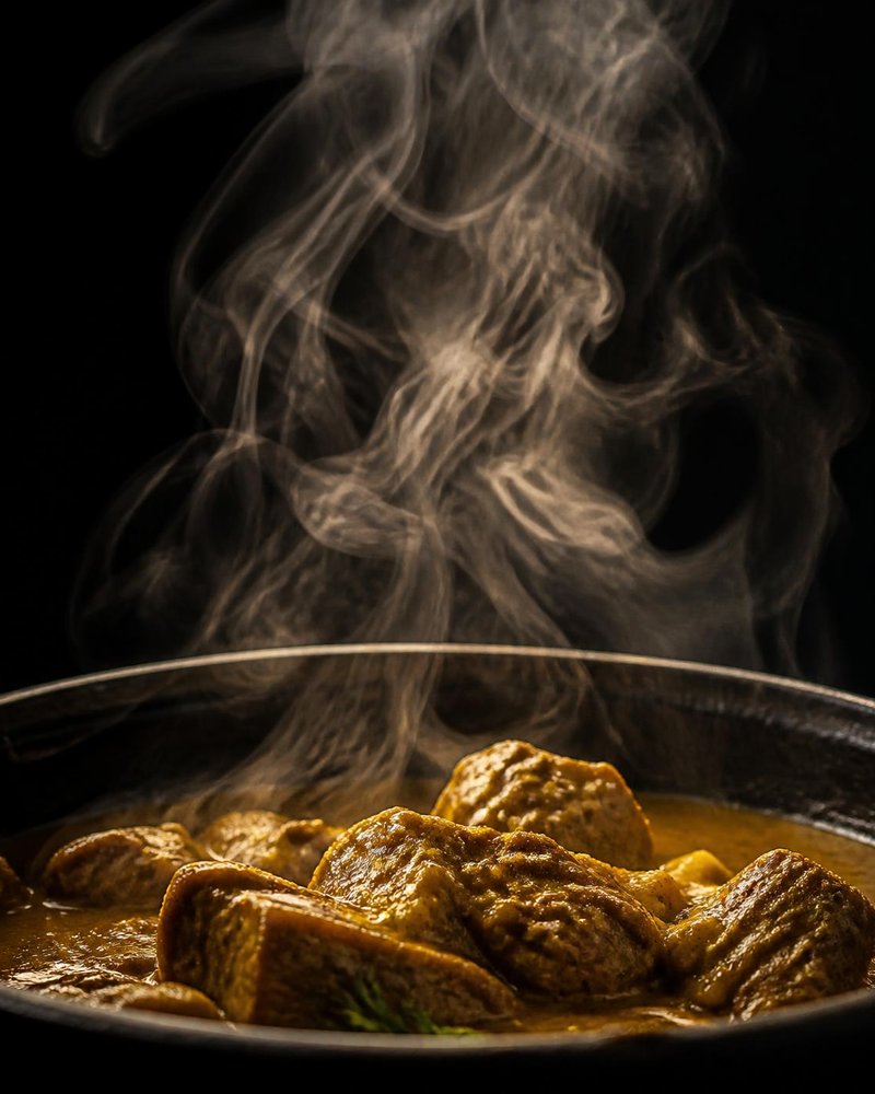 Steam rising from curry goat
