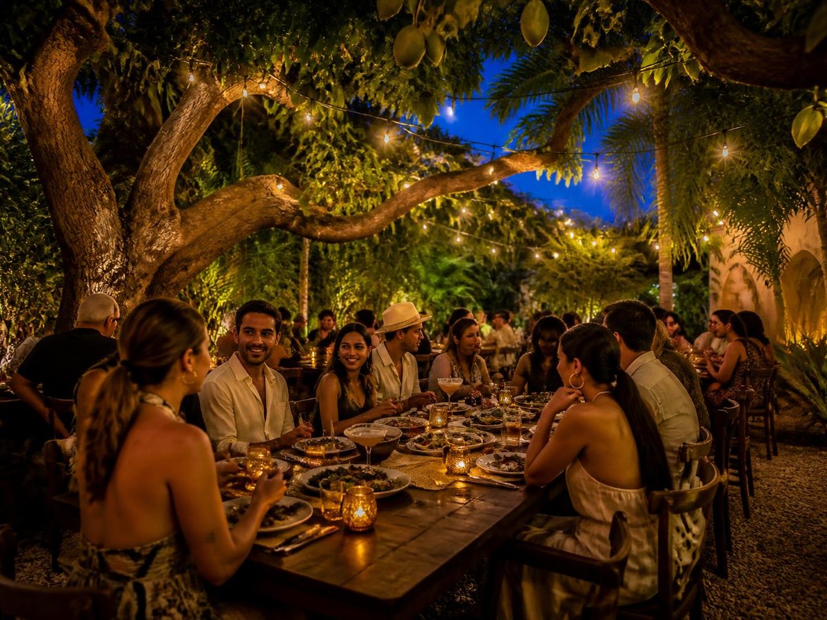 Courtyard tables under a mango tree with string lights