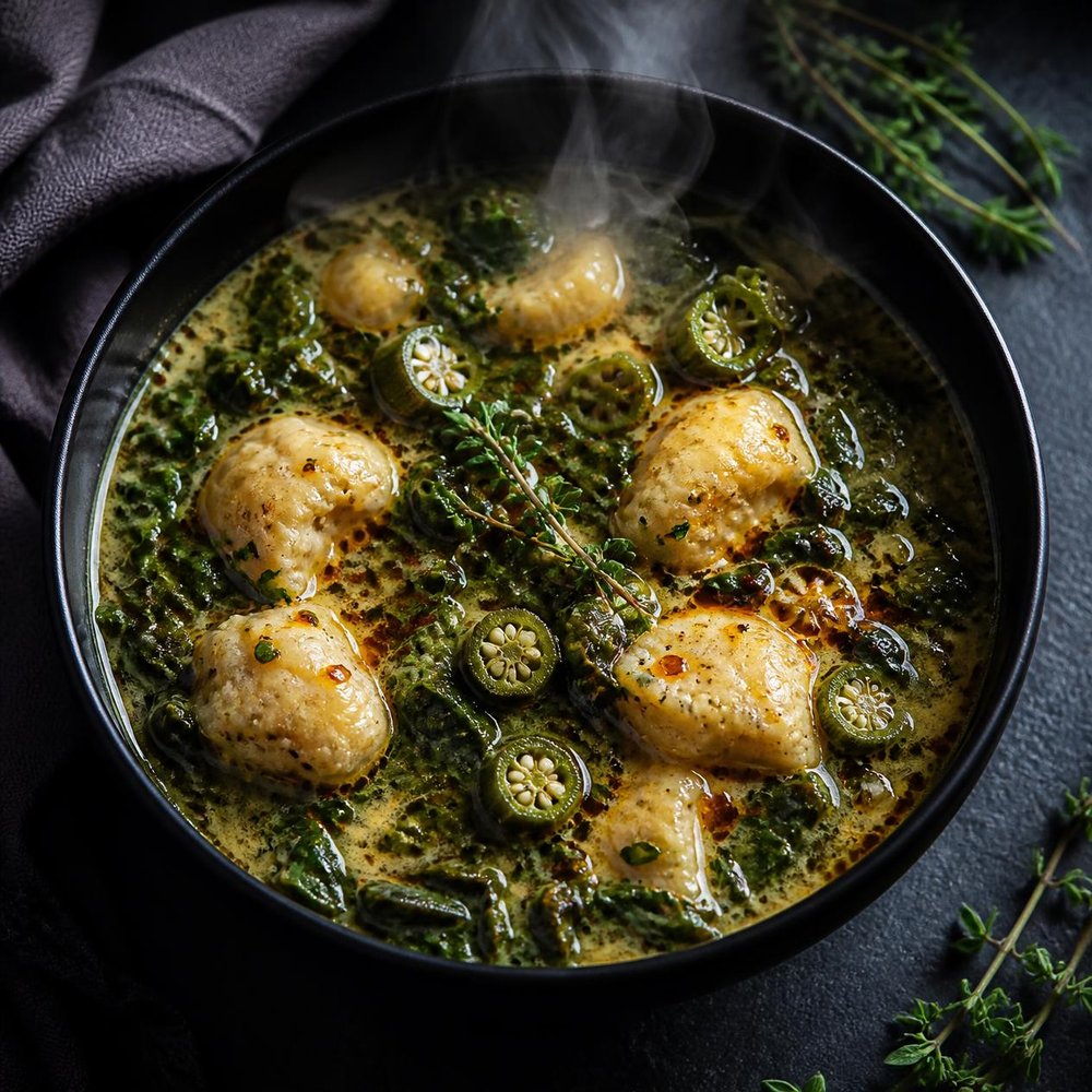 Callaloo and dumplings in coconut broth
