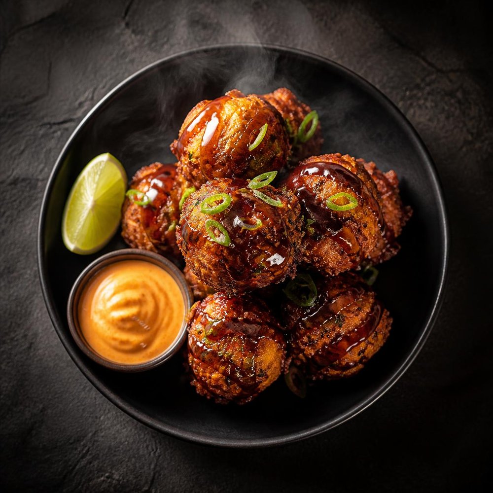 Conch fritters with tamarind glaze