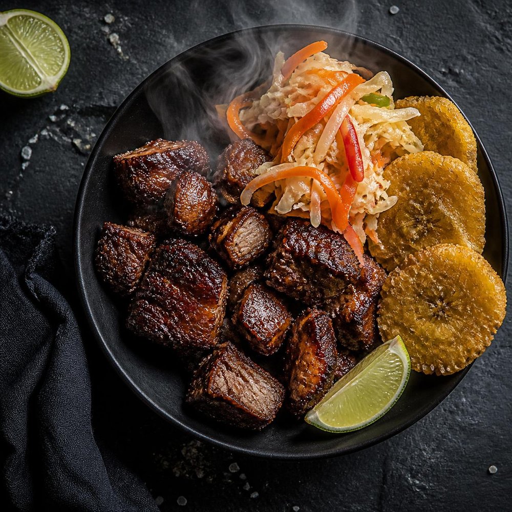 Griot with pikliz and tostones
