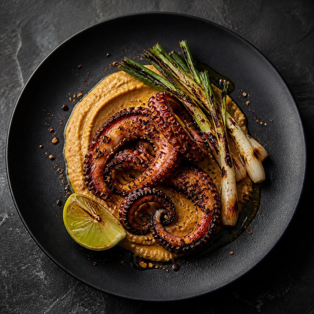 Grilled octopus on pigeon pea hummus