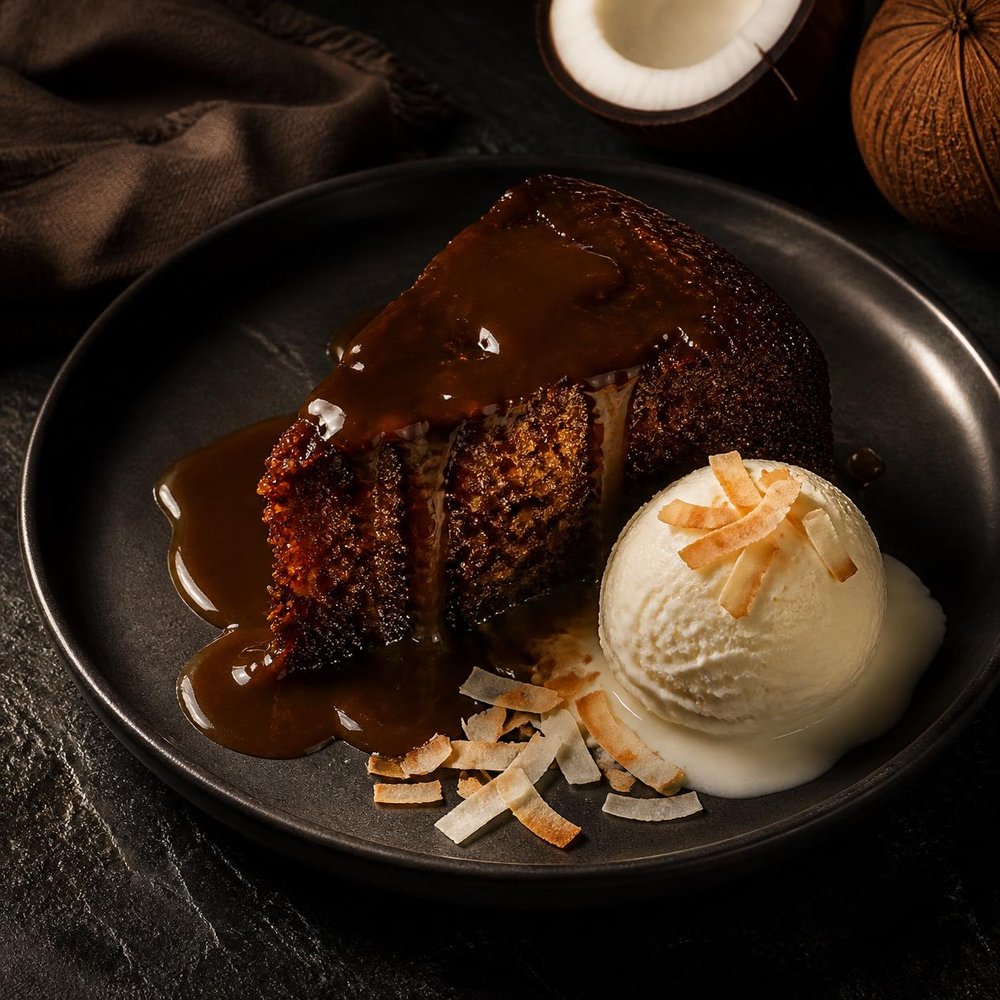 Rum cake with tamarind caramel and coconut ice cream