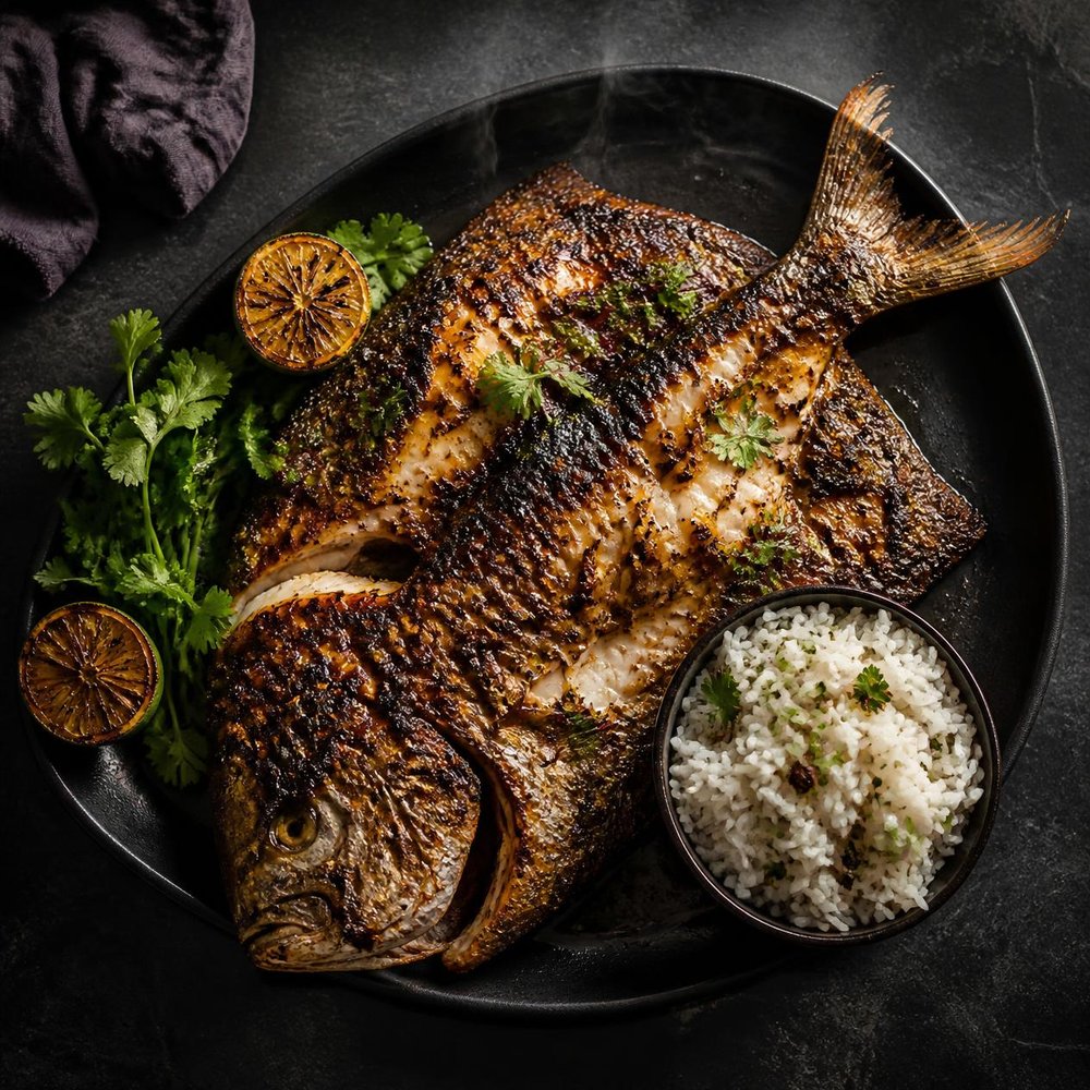 Whole jerk-grilled snapper on a black platter