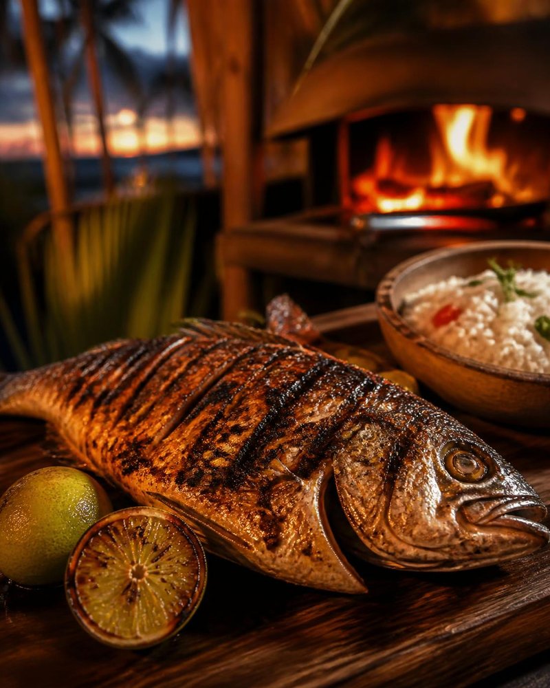 Whole grilled snapper on a board beside the wood-fired oven