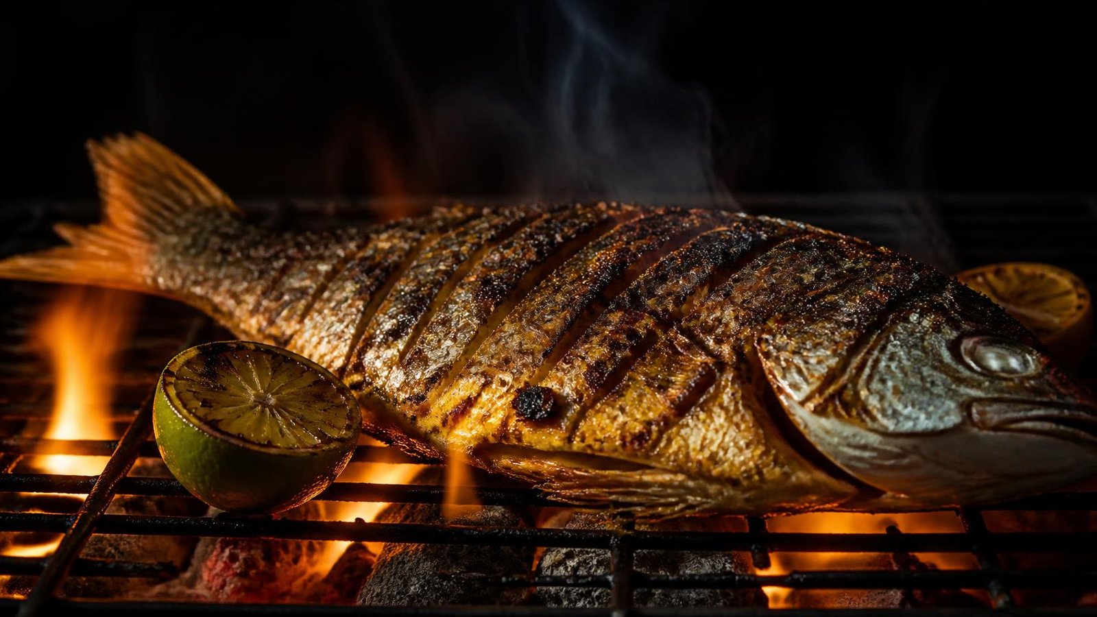 Whole yellowtail snapper charring over a wood fire