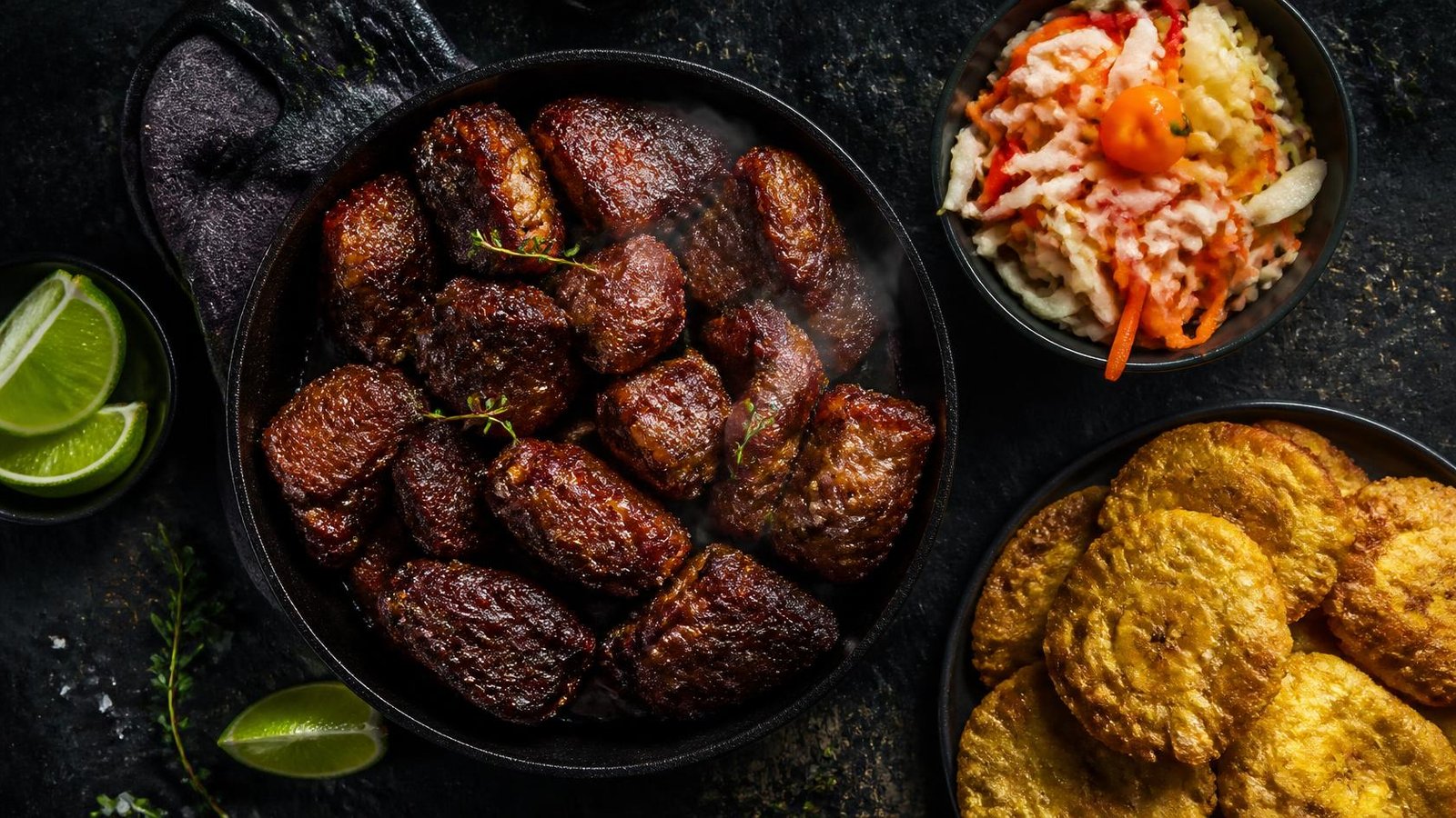 Crispy griot with pikliz and tostones from above