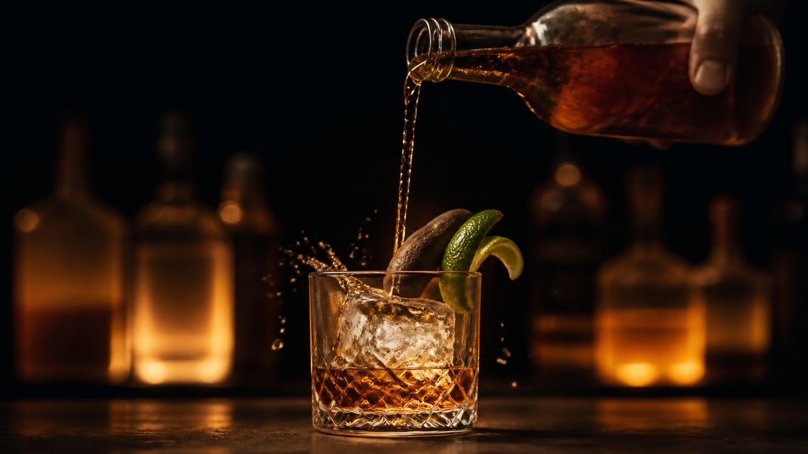 Aged rum pouring into a rocks glass at the bar