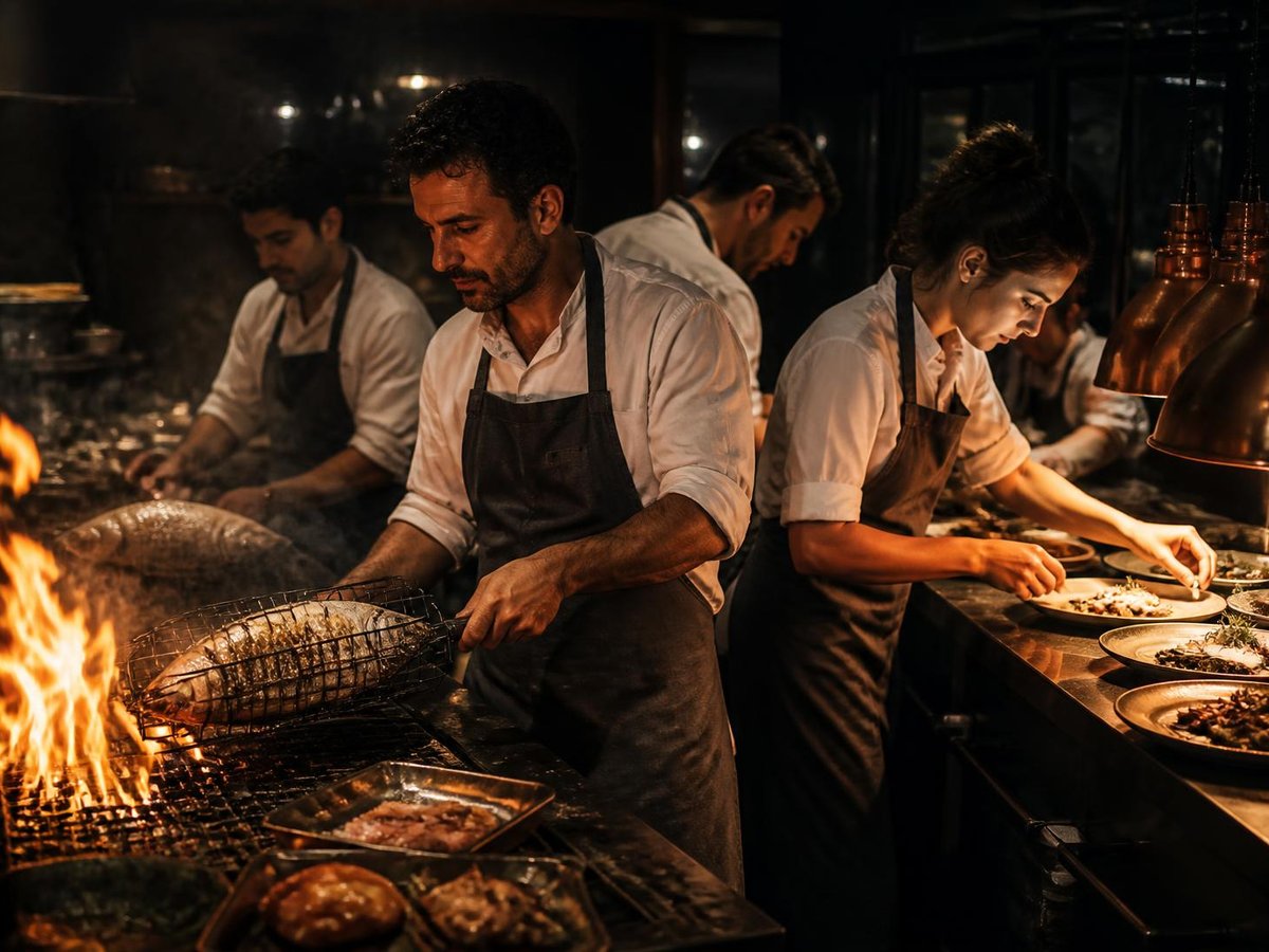Cooks working the wood-fired grill on a busy night