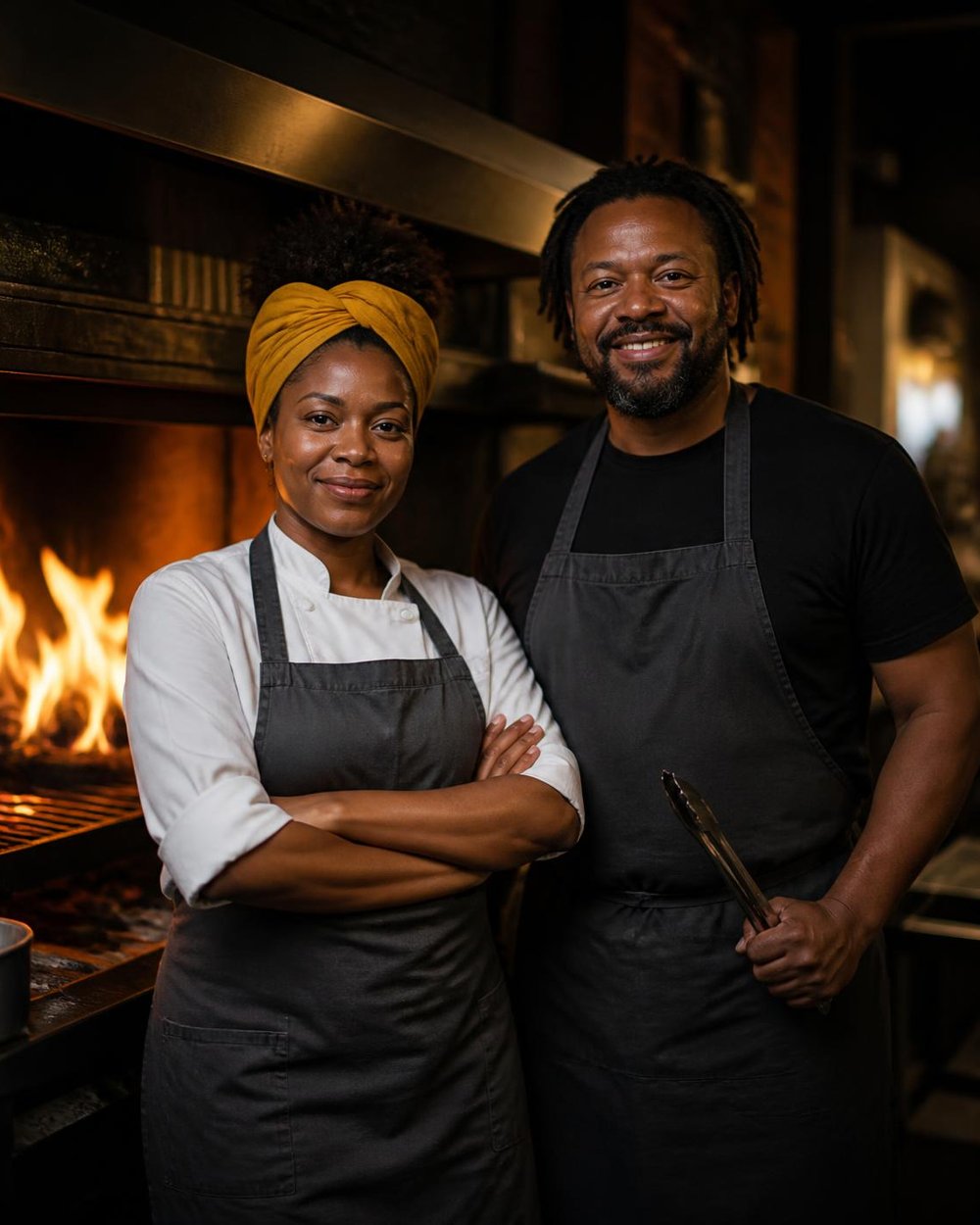 Chef Widline Augustin and Desmond Rowe at the wood-fired grill