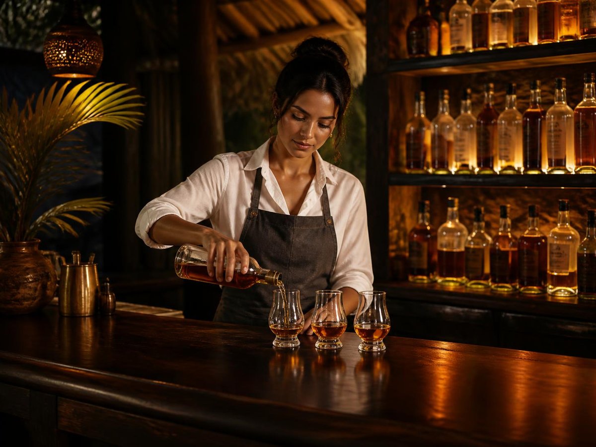 Bartender pouring rum into three tasting glasses