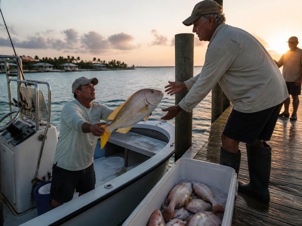 Fisherman handing a fresh snapper up from a boat in the Keys